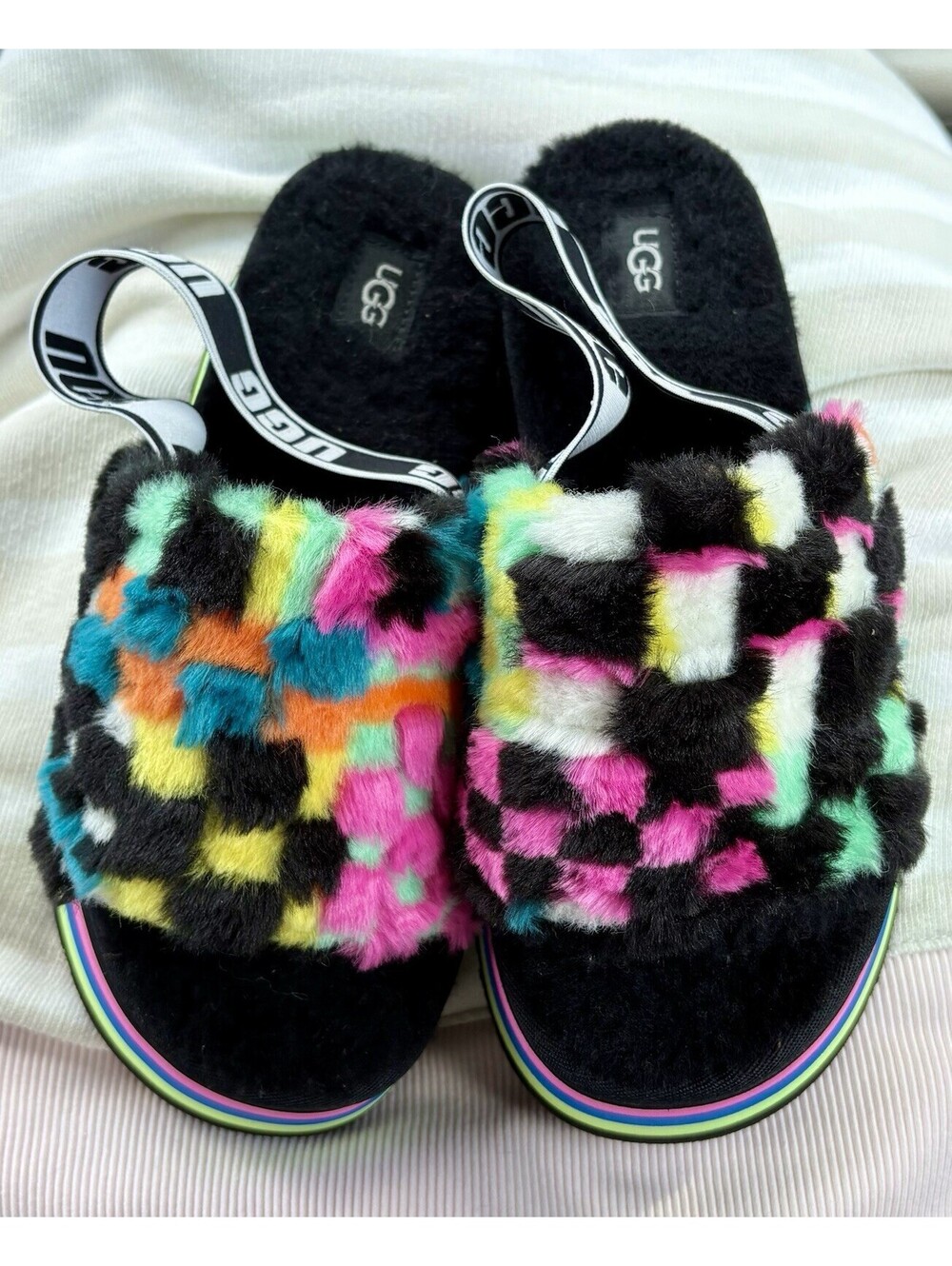 UGG Disco Checker Slide Pride Rainbow Platform Slippers Sandals Women's Size 8